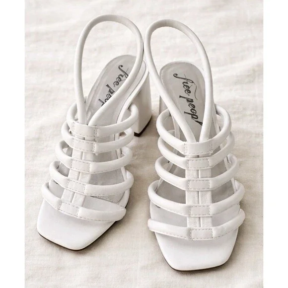 Free People Collette Strappy Heel White Block Sandal Square Toe Size 7 - Picture 2 of 9